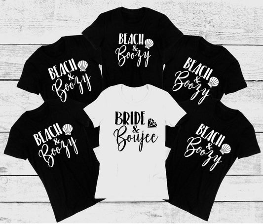 bride and boujee, beach and boozy, bachelorette, wedding, wedding party bridal party tanks and tees