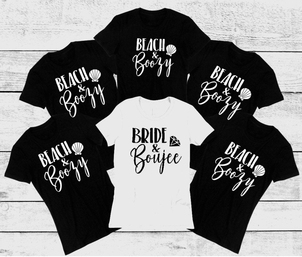 bride and boujee, beach and boozy, bachelorette, wedding, wedding party bridal party tanks and tees