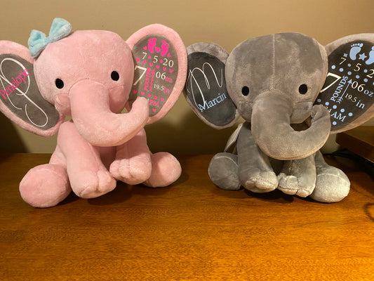 elephant keepsake birthstats stuffed animal - baby keepsake - baby gift - baby shower - christmas - baby announcement - 9” to 10” tall