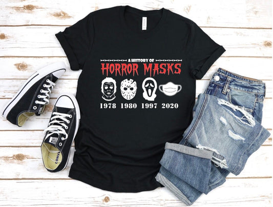 a history of horror masks halloween tshirt